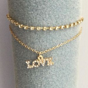 Paved “Love” Charm & Rhinestone Goldtone Anklet